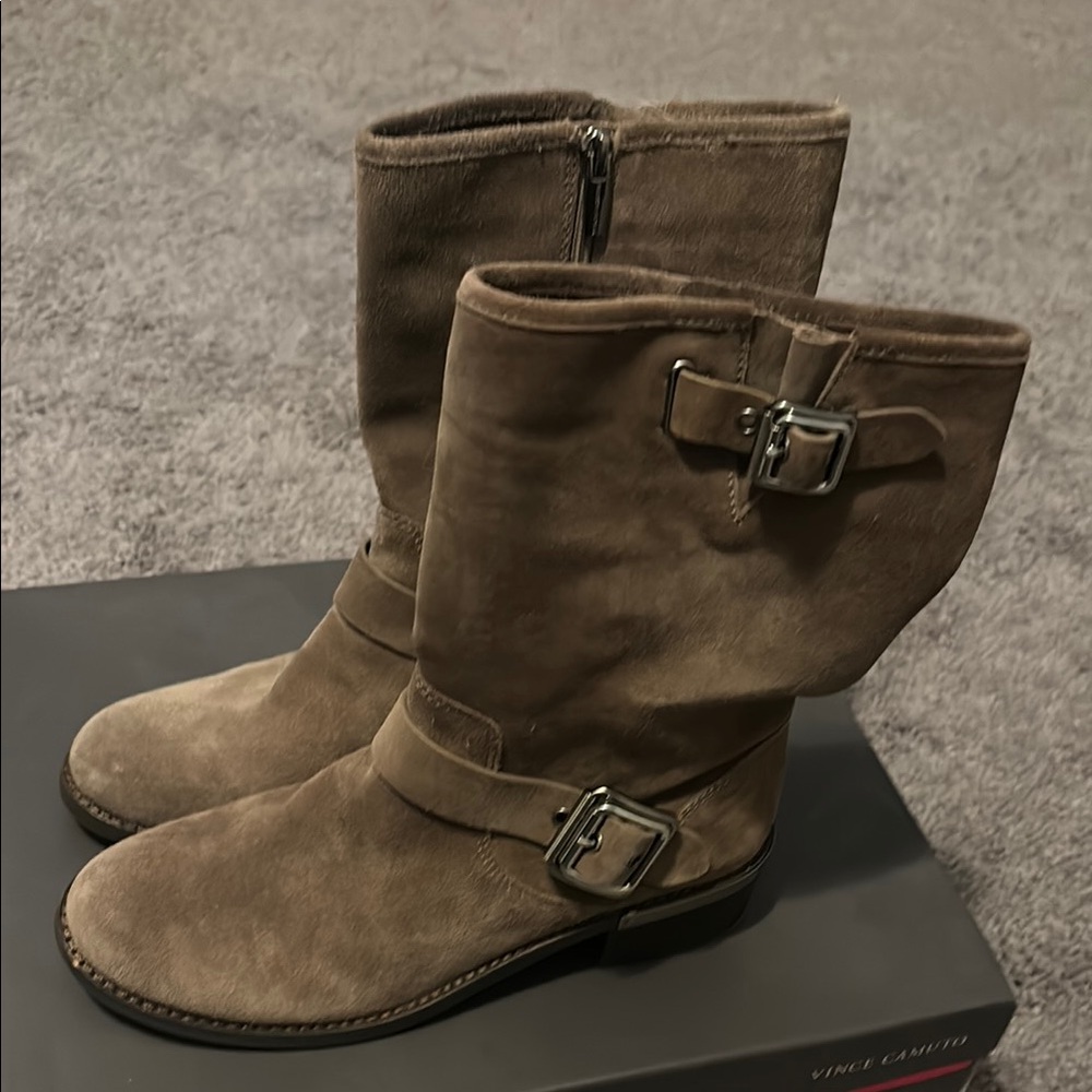 Vince Camuto Brown Combat & Moto Boots with Buckle Details